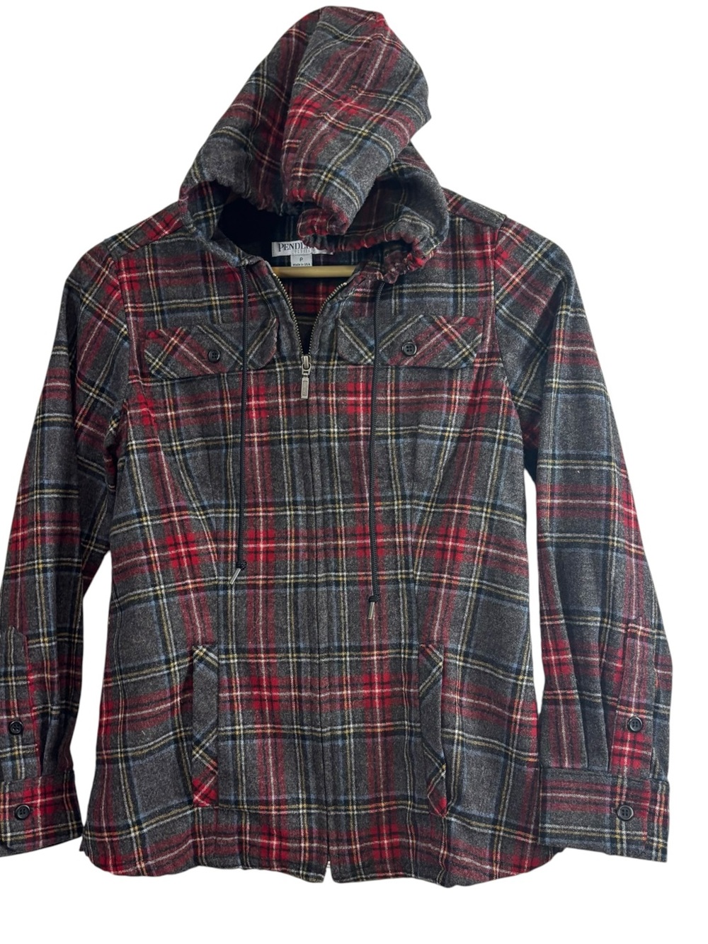 Pendleton Wool Hooded Jacket Grey Red Plaid Zip Up Made USA Petite Size P =XS